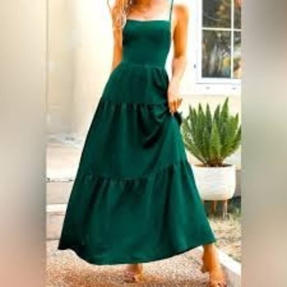 Cupshe Emerald Green Lace up Maxi Flowy Swing Thin Straps A-Shape Dress Size L